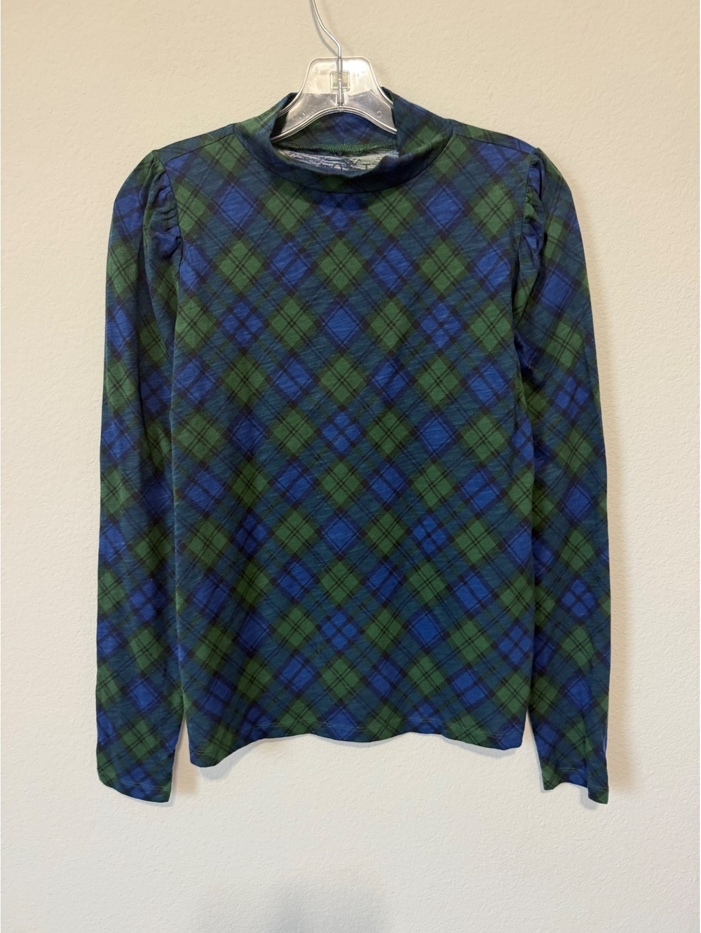 LOFT Long Sleeve Turtleneck Blue/Green Plaid 100% Cotton Shirt Women's Size M